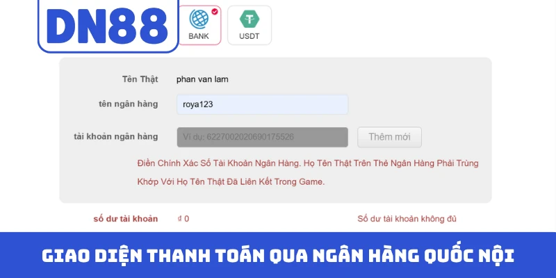 Giao diện thanh toán qua ngân hàng quốc nội