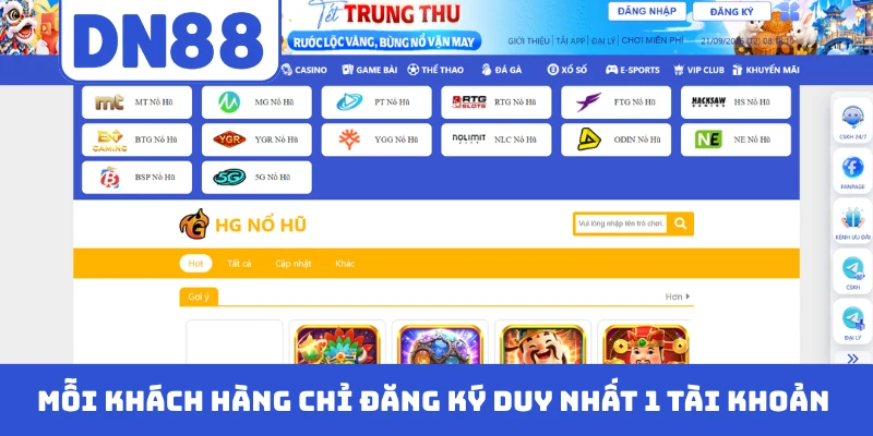 Mỗi khách hàng chỉ đăng ký duy nhất 1 tài khoản DN88