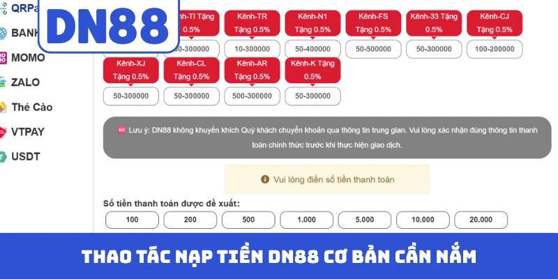 Thao tác nạp tiền DN88 cơ bản cần nắm
